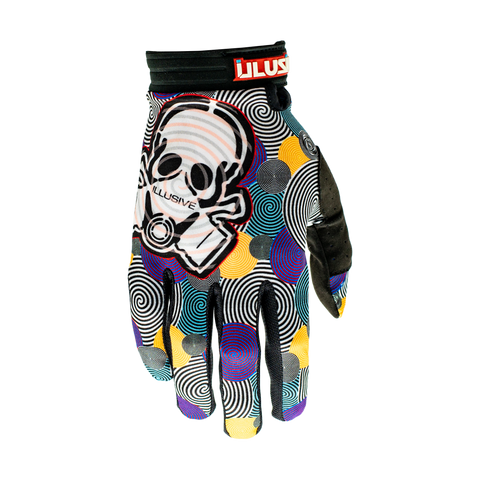 The Dizzy L//E Limited Edition thin lightweight glove has the Illusive skull surrounded with multicolor dizzy spirals on the tops. Black breathable finger webbing and finished off with black pipping. Black palm w/ reverse Illusive skull silicone logo in white to keep that grip on whatever you be holding.