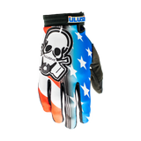 Grab a cold one and salute the flag every sip with The Hold My Beer gloves that has the classic Illusive skull badge proudly placed over top of the Red, White and Blue stars and strips pattern. Black finger webbing and finished off with black pipping. Black palm w/ Illusive skull silicone logo in white to keep that grip on whatever you be holding. 