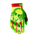 The Jungle L//E Limited Edition glove has a bold lime green large Illusive skull badge with a layering of green and on the tops. Red finger webbing and finished off with red pipping. Forest green palm w/ reverse Illusive skull silicone logo in lime to keep that grip on whatever you be holding.