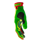 The Jungle L//E Limited Edition glove has a bold lime green large Illusive skull badge with a layering of green and on the tops. Red finger webbing and finished off with red pipping. Forest green palm w/ reverse Illusive skull silicone logo in lime to keep that grip on whatever you be holding. 