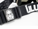 Floating Rubber Stamp skull logo on the back of the goggle strap.