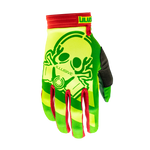 The Jungle L//E Limited Edition glove has a bold lime green large Illusive skull badge with a layering of green and on the tops. Red finger webbing and finished off with red pipping. Forest green palm w/ reverse Illusive skull silicone logo in lime to keep that grip on whatever you be holding. 