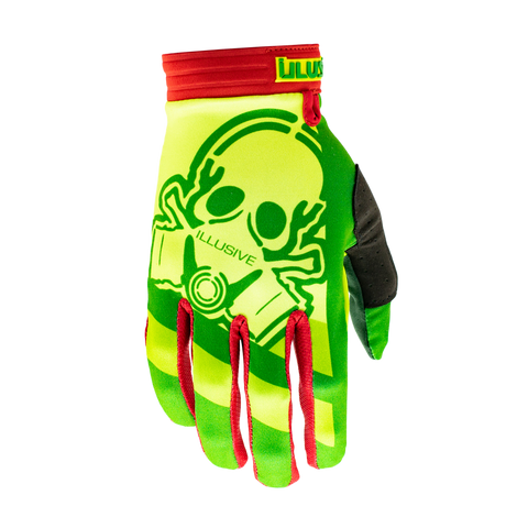 The Jungle L//E Limited Edition glove has a bold lime green large Illusive skull badge with a layering of green and on the tops. Red finger webbing and finished off with red pipping. Forest green palm w/ reverse Illusive skull silicone logo in lime to keep that grip on whatever you be holding. 