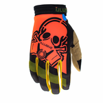 The Lean  L//E Limited Edition glove has a bold orange large Illusive skull badge with olive and black on the tops. Yellow finger webbing and finished off with blue pipping. Desert tan palm w/ reverse Illusive skull silicone logo in black to keep that grip on whatever you be holding. 